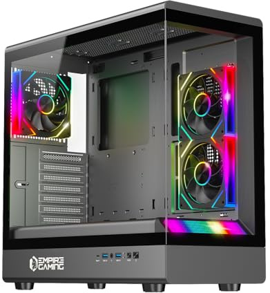 Empire Gaming EC258 Gaming PC-Gehäuse Panorama Midi-Tower ATX/mATX/ITX, ARGB (LED-Streifen + 3 Lüfter + PWM HUB), Hartglas, GPU 420mm, Watercooling 360mm, USB-C