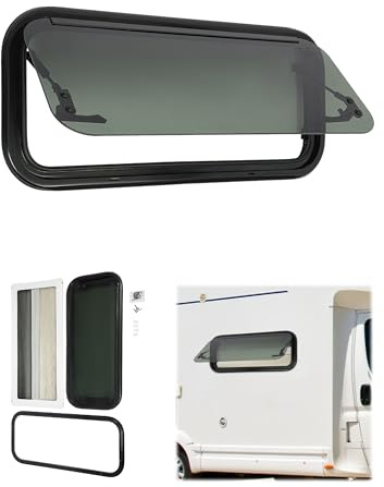 DIFU Wohnwagen Fenster E4 Camper Fenster 700x300 mm Gehärtetes Glas Wohnmobilfenster 85° Ausstellfenster mit Fliegengitter und Rollo | Insekten-, Sonnen- & Sichtschutz | für Kastenwagen Caravan