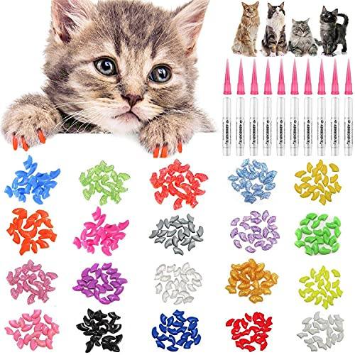 JOYJULY 100pcs Cat Nail Caps Pet Cat Claw Kitty Caps Control Soft Paws of 5 Different Colorful Nail Covers for Cats+ 5 Adhesive Glue+3 Applicator with Instruction, Extra Small XS