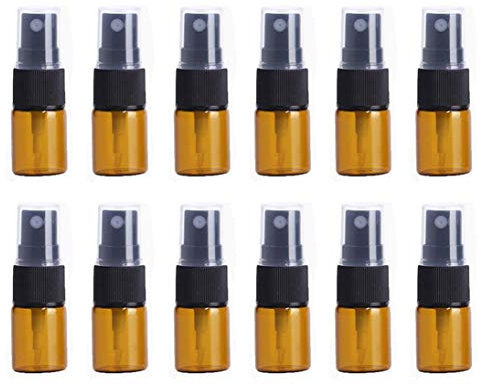 Lot de 12 flacons vaporisateurs vides en verre ambré avec buse noire et bouchon transparent pour maquillage, eau, parfum, échantillons cosmétiques - Vaporisateurs à brume fine (5 ml)