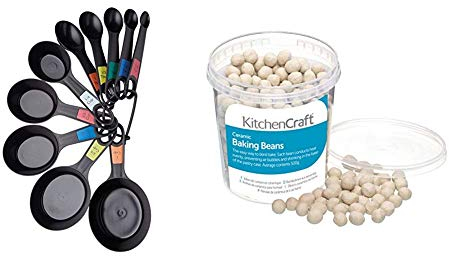 KitchenCraft Plastic Measuring Cups and Spoons (Set of 10) & Ceramic Baking Beans for Pastry, 500 g (1 lb)