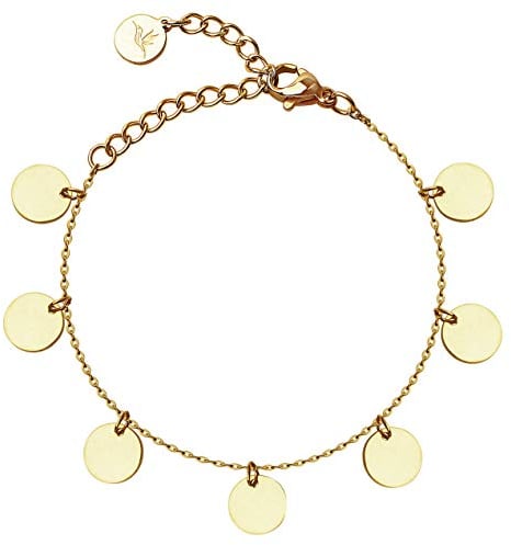 BONNYBIRD® Boho Armband Plättchen Gold Edelstahl Damen Coin Armkette Damenarmband Wasserfest Schmuck Frauen Vergoldet Layering Festival Sommer Chirurgenstahl Hypoallergen Accessoires Goldschmuck