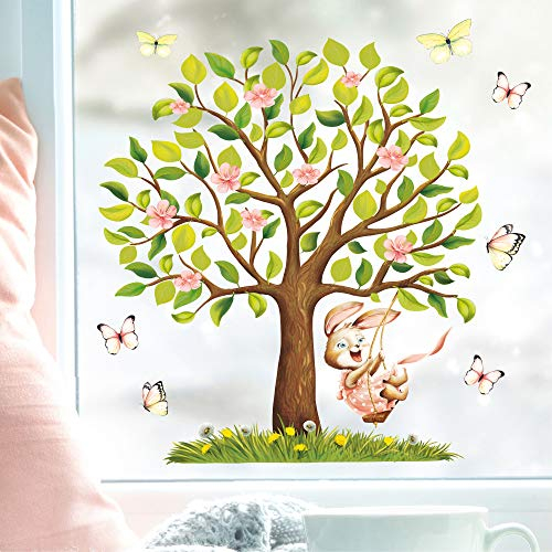 Wandtattoo Loft Fensterbilder Frühling Hase auf Baumschaukel Motiv – A4 Bogen Wiederverwendbar – Frühlingsdeko Fenster, Frühlingsbild Fenster, Fensterdeko Frühling, Fensterfolie Frühling Selbstklebend
