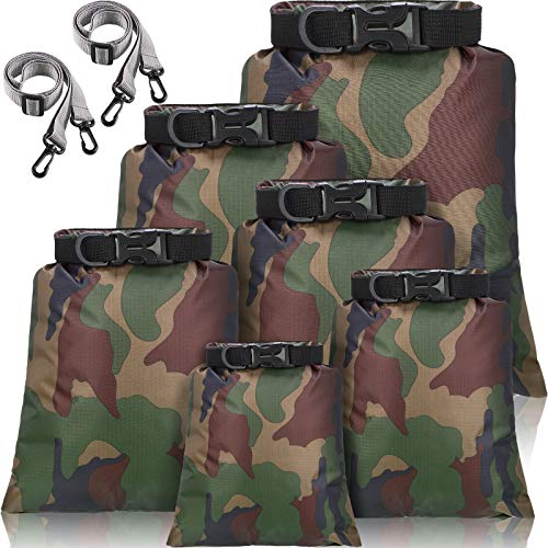 wasserdichte Trockentaschen Trockenbeutel Set 15 L+ 8 L +5 L+4 L+3 L+ 2 L wasserdichte Packsäcke Leichte Säcke und 2 Lange Verstellbare Schultergurte (Tarnfarbe, 6 Stücke)