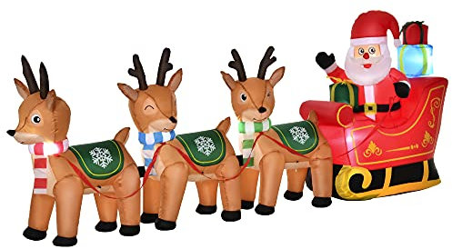 HOMCOM Aufblasbarer Weihnachtsmann auf Schlitten mit Schneemann 3 Hirschen 1,3 m Weihnachtsdeko mit Integrierte LED-Lichter Befestigungsmaterial Weihnachtsdekoration für Weihnachten Garten Rasen