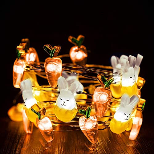 KINGCOO Easter Rabbit Decorative Lights, 30LED Warm White Bunny Carrot Easter Copper Wire Lights String Battery-Operated for Show, Bedroom, Wall, Balcony, Garden, DIY Party, Home Décor (Carrot)
