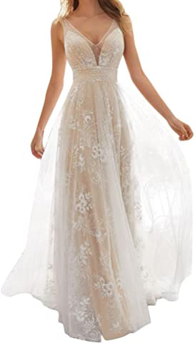 Onsoyours Abiti da Sposa Donna Elegante Senza Maniche Scollo a V Nuzial Abito con Spacco Pizzo Lungo Vestito