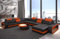 Sofa Berlin XXL U Form Wohnlandschaft mit LED Beleuchtung und Ottomane (Ottomane rechts, Schwarz-Orange)