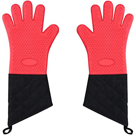 Silicone Oven Glove Mitts Double Thick Cotton Liner and Long Cuff Gauntlet for Kitchen, BBQ, Cooking, Baking and Microwave, 1 Pair,Red