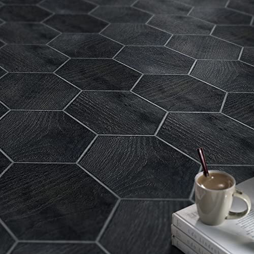 Funlife Sticker adhésif pour carrelages Sol 20x23cm, 30pcs, Imitation Faïence Carreaux de sol en imitation ciment, bois noir