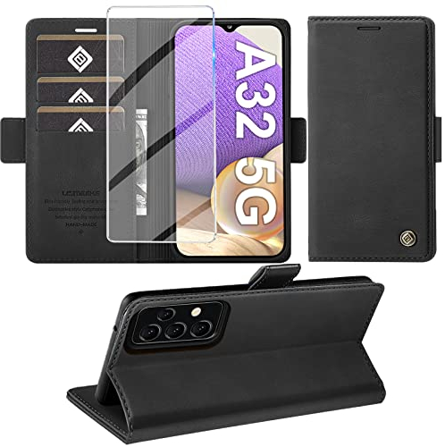 Giyer Handyhülle für Samsung Galaxy A32 5G Hülle mit Schutzfolie, Standfunktion Kartenfach Wallet Premium Leder Schutzhülle A32 5G Flip Case Cover Stoßfeste Klapphülle Galaxy A32 5G 6.5 Zoll (Schwarz)