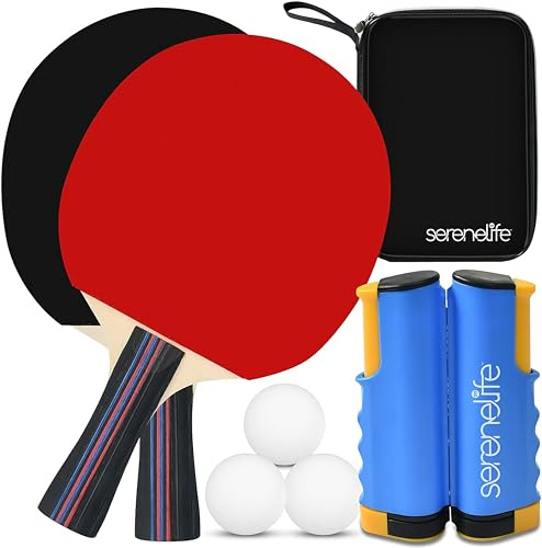 SereneLife Tischtennis Set mit 2 Schlägern 3 Bällen und Tragetasche – Einziehbares Netz Verstellbar für Indoor Outdoor Familie Anfänger mit Kontrolle und Komfort