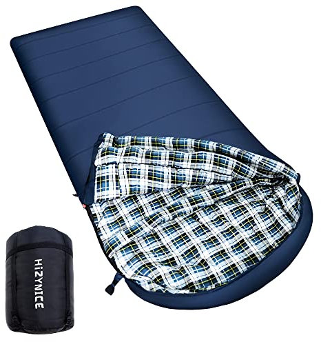 HiZYNICE 20-Grad-Schlafsack, Innenschlafsack, 100 % Baumwolle, Flanell für Erwachsene, Winter, kaltes Wetter, Camping, extra groß, breit, XXL, marineblau, linker Reißverschluss, 228,6 x 99,1 cm