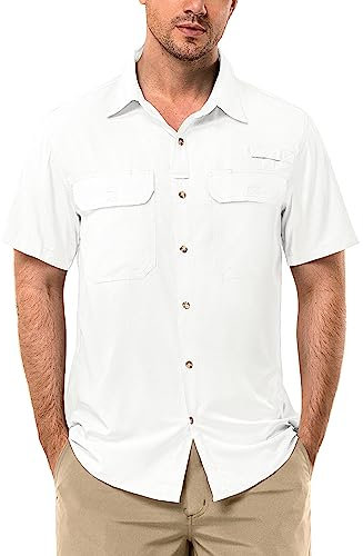 33,000ft Men's UPF 50+ UV Protection Short Sleeved Shirts Quick Dry Button Down Shirts Cooling Hiking Shirt for Travel Safari Fishing White XL
