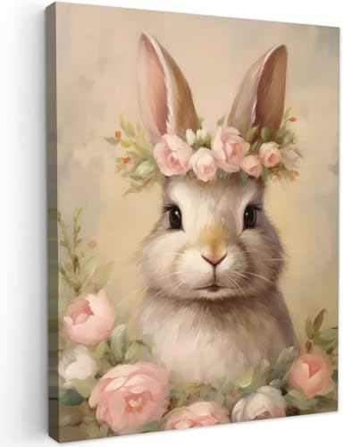 MuchoWow© Wandbilder 50x70 cm Wohnzimmer Wanddeko Schlafzimmer Zimmerdeko Wandgemälde Zimmer Deko auf Wand Dekoration Wall Art Kinderzimmer - Kaninchen - Blumen - Rosa - Tiere - Pink