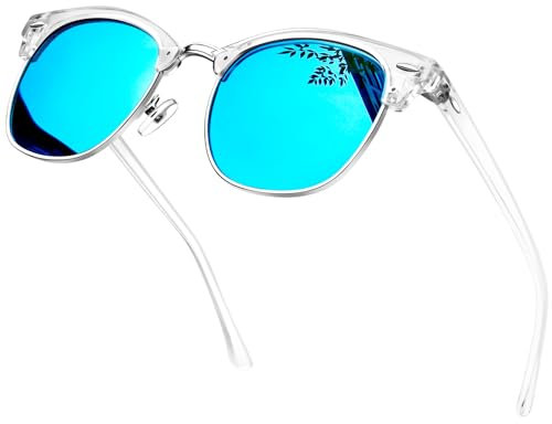 KANASTAL Transparent Blue Sunglasses Mens Polarised Womens Tint Mirrored Semi Rimless Beach Vacation Fashion Travel Outdoor UV400 - Clear Half Frame Blue Lens