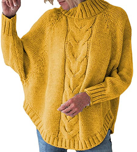 Cocila Women's Long-Sleeve Jumper Women's Turtleneck Batwing Sleeve Loose Oversized Chunky Knitted Pullover Sweater Jumper Cardigan with Button (Yellow, S)