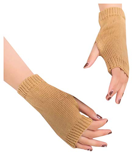 DUHGBNE Fingerlose gestrickte Mitte warme Handschuhe Frauen Arm warm Winter halten Sie weiche Handschuhe Handschuhe Damen Mit Fell (Khaki, One Size)
