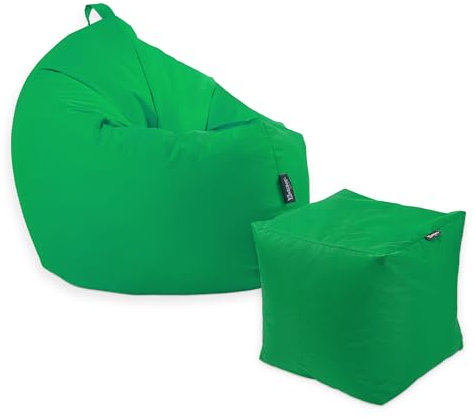 BuBiBag Premium 2-in-1 Sitzsack mit Füllung | für Kinder & Erwachsene | Outdoor & Indoor | Sitzkissen | Bodenkissen | Wasser- & schmutzabweisend + Sitzpouf 35x35x35cm (Apfelgrün, 145 cm + Sitzspouf)