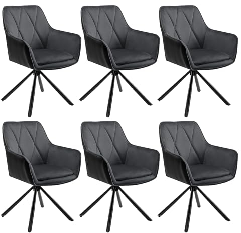 Lestarain Esszimmerstühle drehbar 6er Set, für Schlafzimmer Küche Wohnzimmer, Küchenstühle gepolstert mit Armlehnen Rückenlehne, Metallbeinen, Samt, Kunstleder, Dunkelgrau+Schwarz
