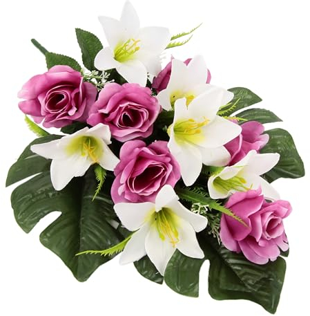 Flair Flower Decoración para tumba con rosas artificiales y lirios artificiales, decoración para tumba, cementerio, decoración de luto, decoración de flores, arreglo, decoración de mesa, 089951WRS