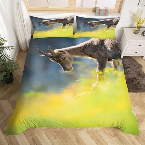 Bettwäsche 135x200 Ziege 3D Bettwäsche-Sets Tier 3 Teilig Weich Mikrofaser Bettbezug Set mit Reißverschluss + 2 Kissenbezüge 80x80 cm 1033-E
