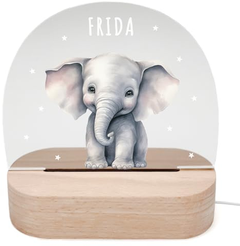 DEL MÀ Unique & Personal Personalisiertes Elefant Nachtlicht Kinder & Babys Babyzimmer Deko Kinderzimmer Nachtlampe Mädchen Jungen Kinderlampe Inkl. Holzfuß & Netzteil