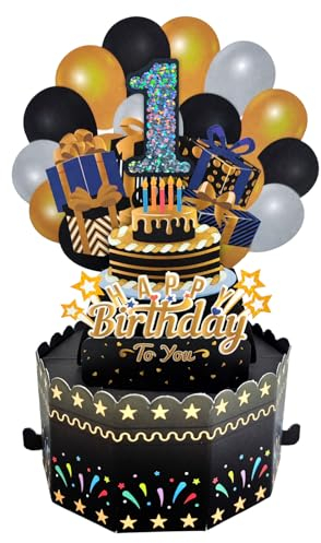 1 Jahr 3D Pop Up Geburtstagskarte,Schwarze Gold Grußkarte mit Umschlag,Junge Grußkarten Geburtstag Geburtstagskarte Zum 1.für eine Babyparty,Baby Shower Party.