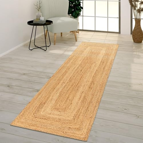 TT Home Wohnzimmer Teppich Jute Naturfaser Handgearbeitet Sisal Boho Stil Geometrisch, Farbe:Hellbraun Beige, Größe:80x250 cm
