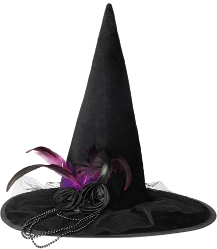 JOFONY Halloween Hexenhut,Schwarz Hexen Hut mit Rosen und Federn,Samttuch Hexen Accessoires Zaubererhüte für Halloween Maskeradepartys Maskeraden Kostümparty