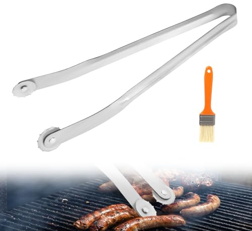 Pince tournante à saucisses pour barbecue de 38 cm avec rouleaux rotatifs, pince de cuisine à long manche avec brosse, pince de barbecue en acier inoxydable, pince de barbecue pour barbecue, friture,