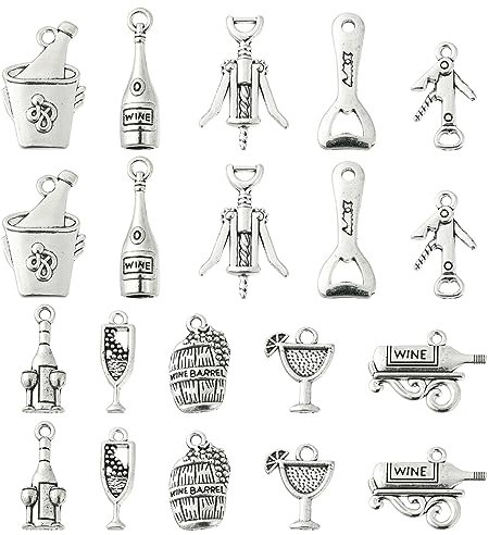 Ornazy 100 pcs 10 Styles Tibetan Style Wine Theme Pendants Charms Antique Silver Cocktail Beer Barrel Bottle Opener Charms for Jewellery Making Crafting