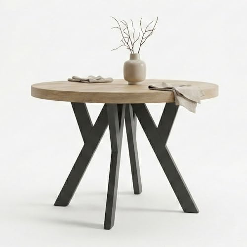 Dekori Möbel Runder Ausziehbarer Tisch für Esszimmer mit Holzbeinen, Pero, Loft-Stil, Skandinavische, Durchmesser Varianten: von 90 bis 220 cm (Eiche Sonoma/Schwarz, 90/140 cm)
