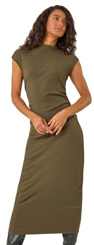 Dusk Fashion Ribbed Ruched Waist Midi Dress for Women UK - Ladies Everyday Autumn Winter High Neckline Comfy Soft Evening Vacation Work Party Night Out - Khaki - Size 16