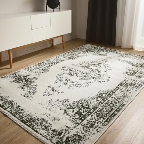 benuta Basic Teppich Sia - Creme/Grün 80x150 cm - Kunstfaser - Rechteckig & im Style: Vintage, Boho-Style, Retro - Pflegeleicht für Wohnzimmer Schlafzimmer