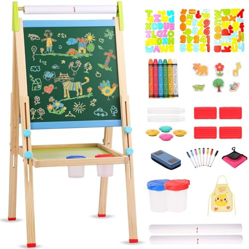 Chevalet Peinture pour Enfants pour Enfants 3-12 Ans-Chevalet d'Artiste 3 en1 avec Pizarra Negra Magnética Y Pizarra Blanca,Accessoires riches&Pied en Bois Stabilisateur (Jeu Éducatif Créatif)