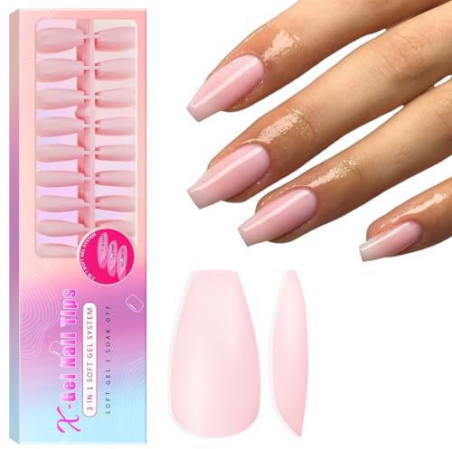 SXVME Soft Pre-Colored Acrylic Nail Tips, Pink False Nails Long Coffin, Solid Color Matte Gel Press on Nails Medium Ballerina Full Cover Artificial Fake Nail Extensions for Women DIY 300 Pcs