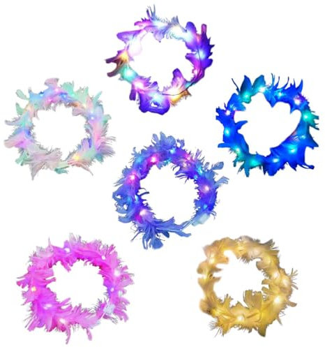 ZOMKIFA 6 pcs Plumes Bandeaux, Couronne De Plumes, Lumineux Bandeau Clignotant Bandeau Accessoires de fête de festival Cheveux pour Femmes et Filles