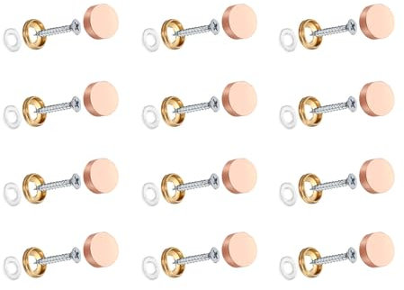 Wopanxye 12 x 16mm Mirror Screws, 16mm Decorative Brass Cap Chrome Covers Brushed Stainless Steel Mirror Nails w/Washers for Furniture Fittings, Tables, Bath Plates, Wardrobes, Glass Signs, Rose Gold