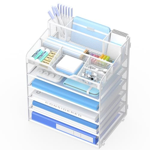OrgMate 6 Tier Mesh Desk Organizer,Multi Functional Letter Paper Tray with 3 Pen Holders and 5 Adjustable Storage Compartments for Office Supplies Files and Mail Space Saving Desktop Organizer-White