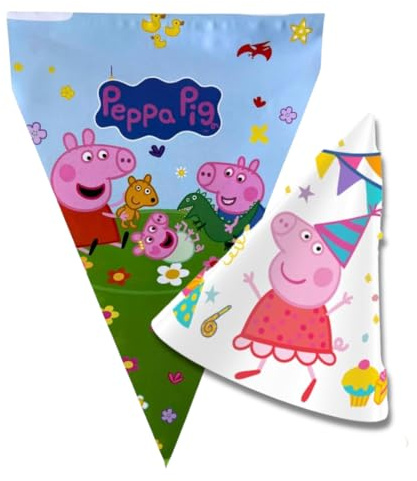 Peppa Wutz Geburtstagsdeko, Kindergeburtstag Deko, Peppa Wutz Party Set, 1 Wimpelgirlande (9 m) + 8 Partyhüte aus Karton, Dekoriere deine Kinderparty für Mädchen und Jungen