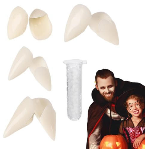 Halloween Dämon Zähne,4 Paar Vampirzähne und 1 Beißring,für Ostern Halloween Cosplay Maskerade Vampir zähne Kostümpartys-Scherzartikel Party-Requisiten-Prank Artikel Falsche Zähne Prop