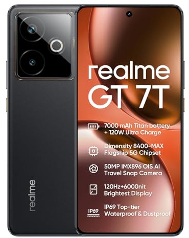 realme GT 7T 5G Smartphone 12+256GB, IceSense Black, 6.8 inch Screen, 120Hz Display, 120W Ultra Charge, 7000mAh Battery, 58MP AI Camera, MediaTek Dimensity 8400 Chipset, IP68