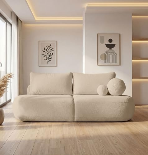 WFL GROUP Schlafsofa mit Bettkasten – 3-Sitzer Sofa Couch mit Schlaffunktion – Skandinavische Polstercouch mit Rücken- und Dekokissen für Wohnzimmer – Weicher Boucle in Elfenbein Weiß