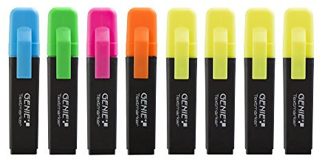 Genie 40024 Textmarker - 4 x Neon gelb und je 1 x Orange; Pink; Blau; Grün; mit Keilspitze; 8 er Pack Strichbreite ca. 1 - 5 mm; einzeln Entnehmbar