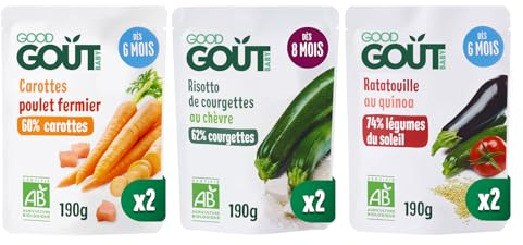 GOOD GOÛT - Lot De 6 Plats Cuisinés Pour Bébé - 2xRisotto Courgettes Chèvre + 2xCarottes Poulet + 2xRatatouille Quinoa - Fabriqué En France - Sachets Micro-Ondables