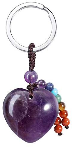 JSDDE Natur Edelstein Herz Schlüsselanhänger Chakra Anhänger Schlüsselring Taschenanhänger Yoga Energie Heilstein Glückbringer Keychain (Amethyst)