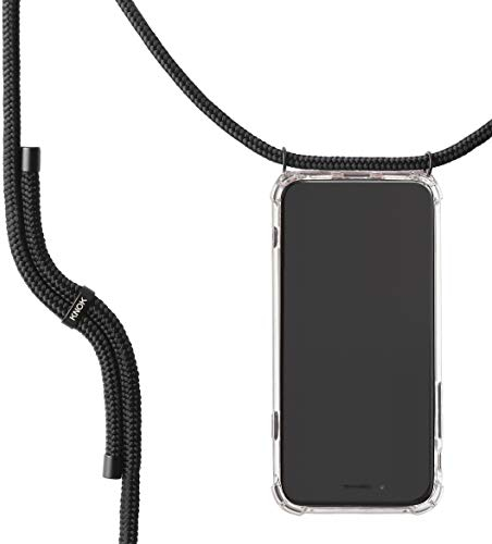 KNOK Handykette Kompatibel mit Apple iPhone 12 + 12PRO - Silikon Hülle mit Band - Handyhülle für Smartphone zum Umhängen - Transparent Case mit Schnur - Schutzhülle mit Kordel in All Black
