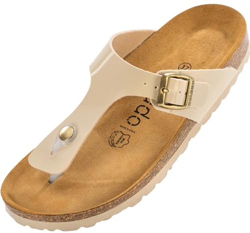 Palado Zehentrenner Damen Kos Lack – gefertigt in Spanien – glänzende Lack-Optik – weiches Veloursleder-Fußbett – dein idealer Sommerbegleiter Cream UK8 - EU41