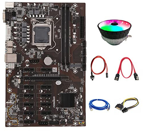 Pcivzxam B250 BTC Mining Motherboard 12 GPU LGA1151 with RJ45 Network Cable+Cooling Fan+SATA Cable for Graphics Card ETH Miner